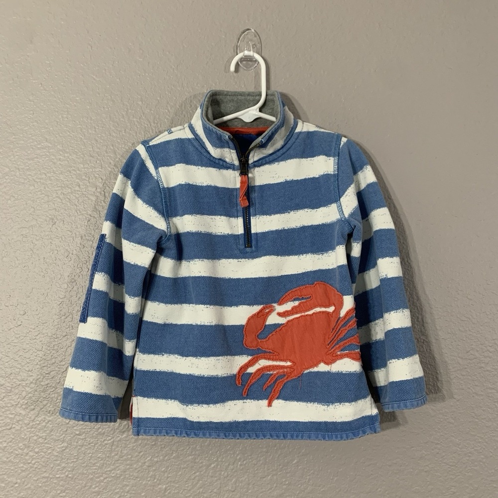 Mini Boden‎ 1/4 Zip Pullover Elbow Pads Blue White Striped W/ Crab 3-4 Years